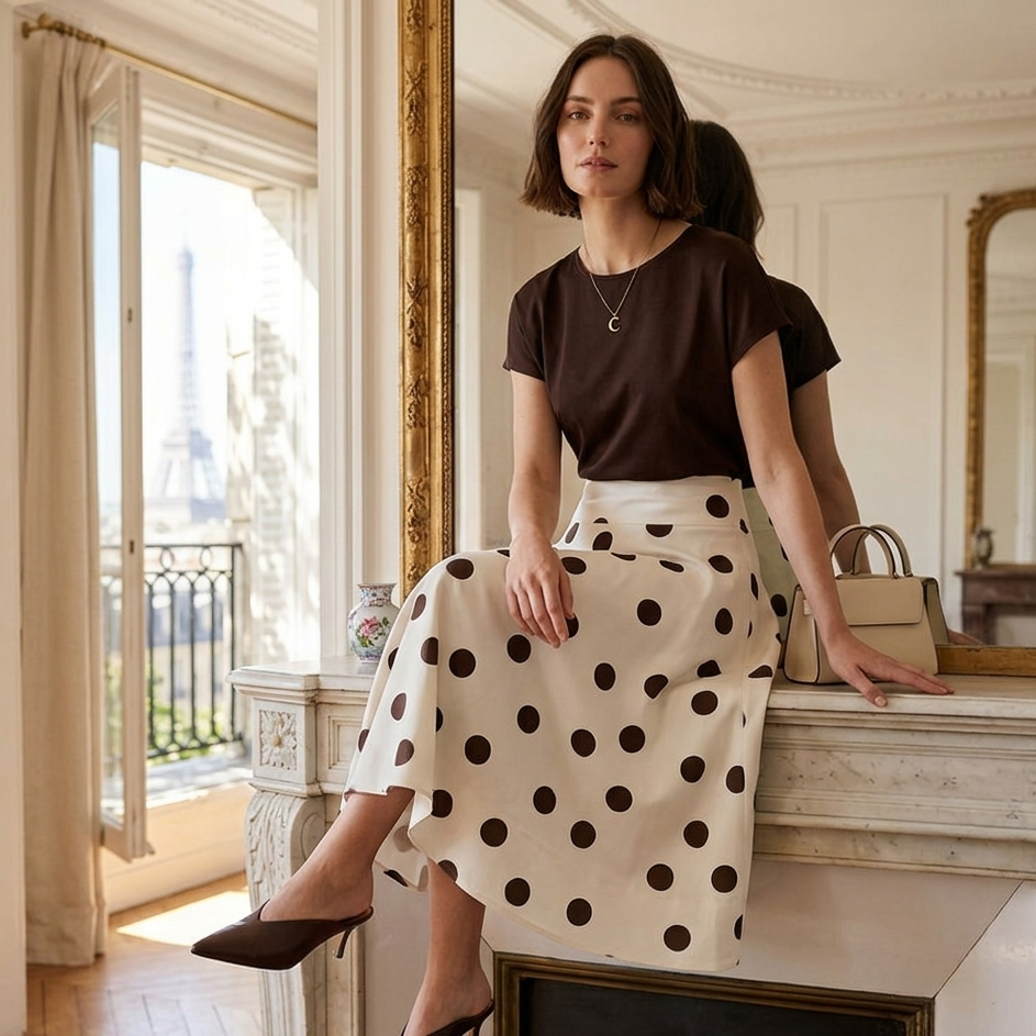 olène Jupe Midi Femme à Pois Taille Haute