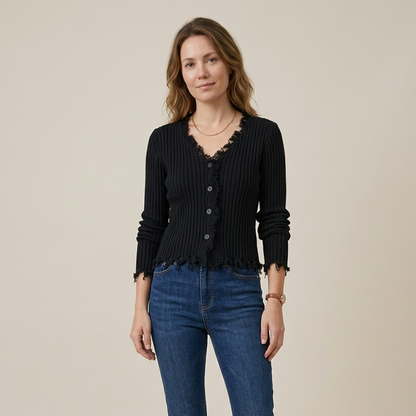 Cardigan Court Côtelé Noir à Décolleté V Distress
