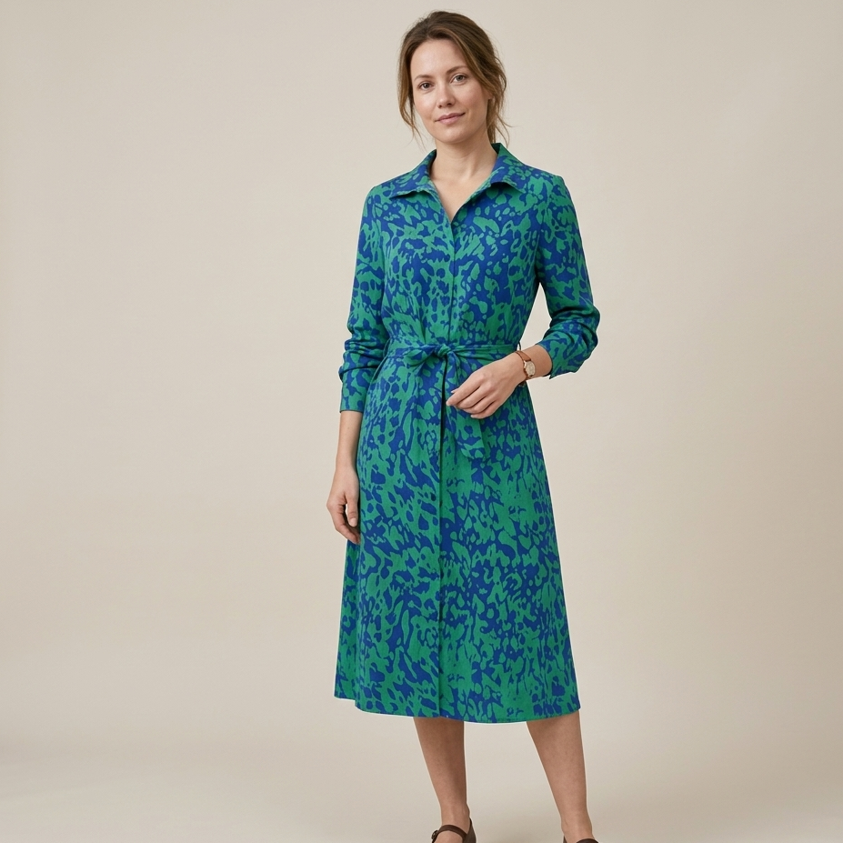 Robe Chemise Midi à Imprimé Abstrait Vert & Bleu
