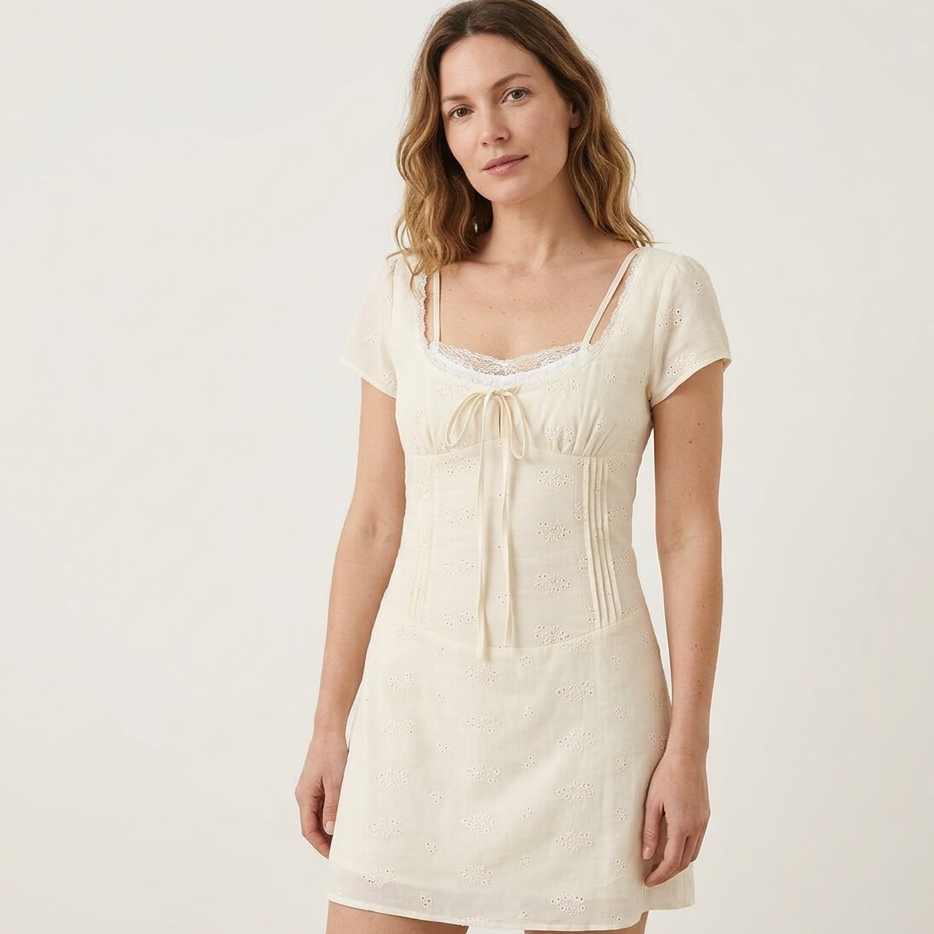 Robe Mini Blanche Froncée Dentelle & Nœuds