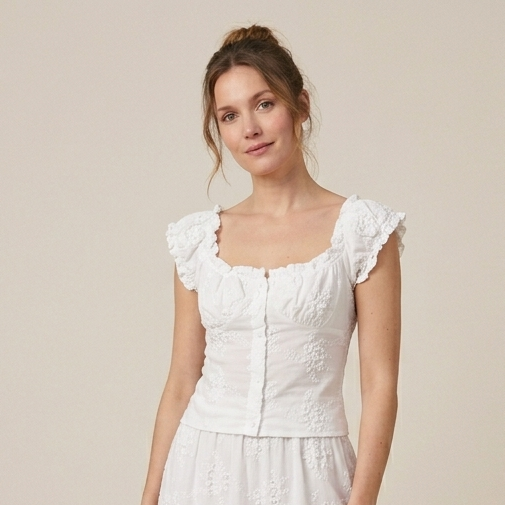 Top Court Milkmaid Blanc Brodé à Épaules Dénudées™