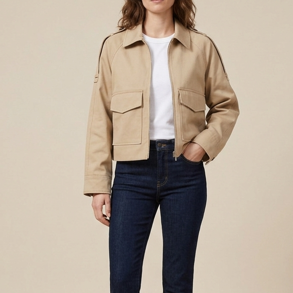 Veste Utility Courte Zippée à Poches Cargo