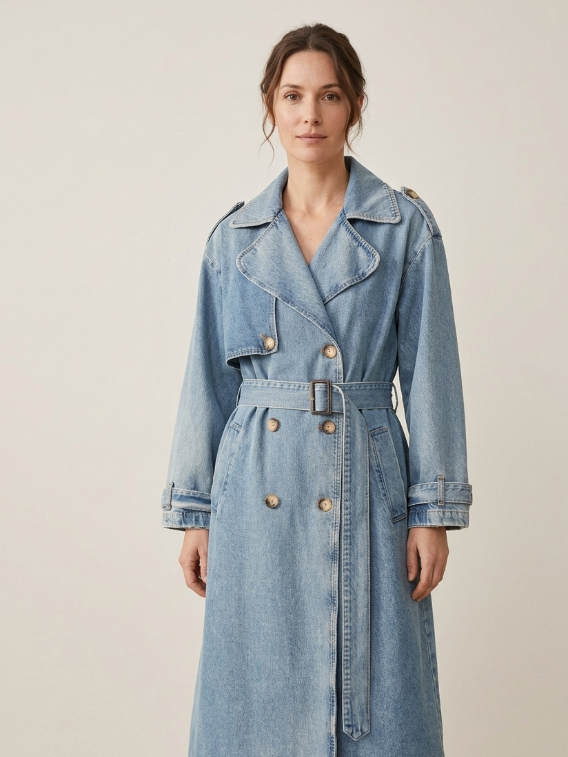 Trench Long en Denim Croisé avec Ceinture