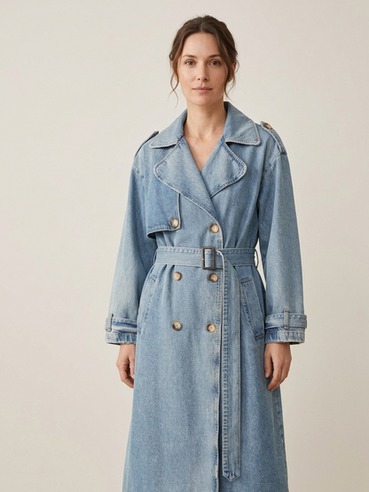 Trench Long en Denim Croisé avec Ceinture