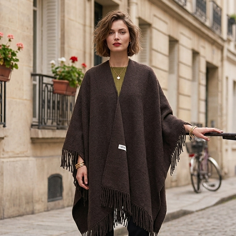 Poncho Frangé Élégant Effet Laine & Cachemire