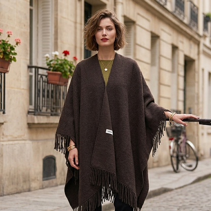 Poncho Frangé Élégant Effet Laine & Cachemire