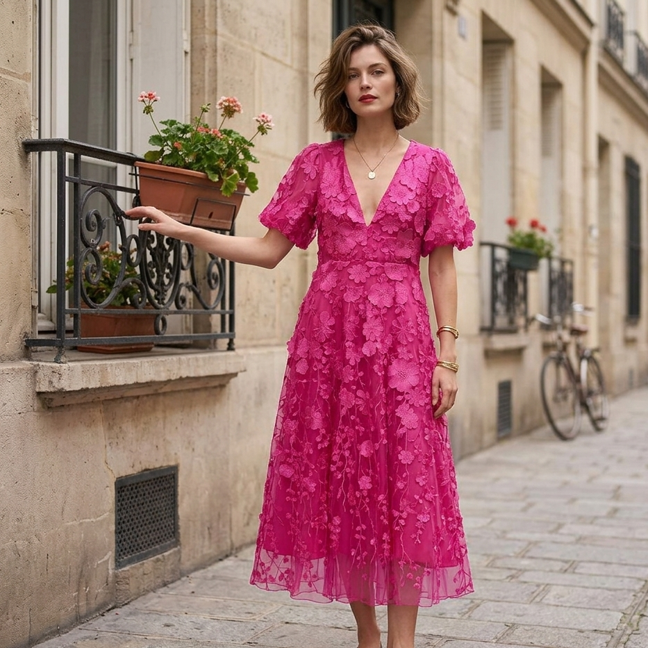 Robe Midi Fuchsia à Fleurs 3D