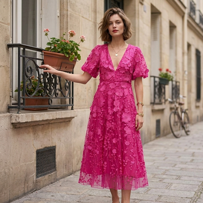 Robe Midi Fuchsia à Fleurs 3D
