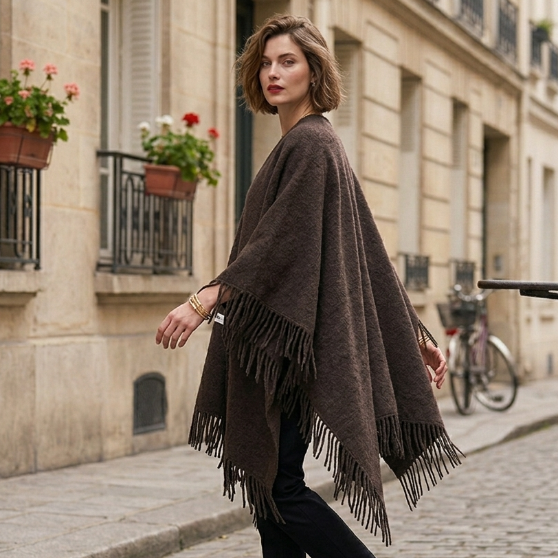 Poncho Frangé Élégant Effet Laine & Cachemire
