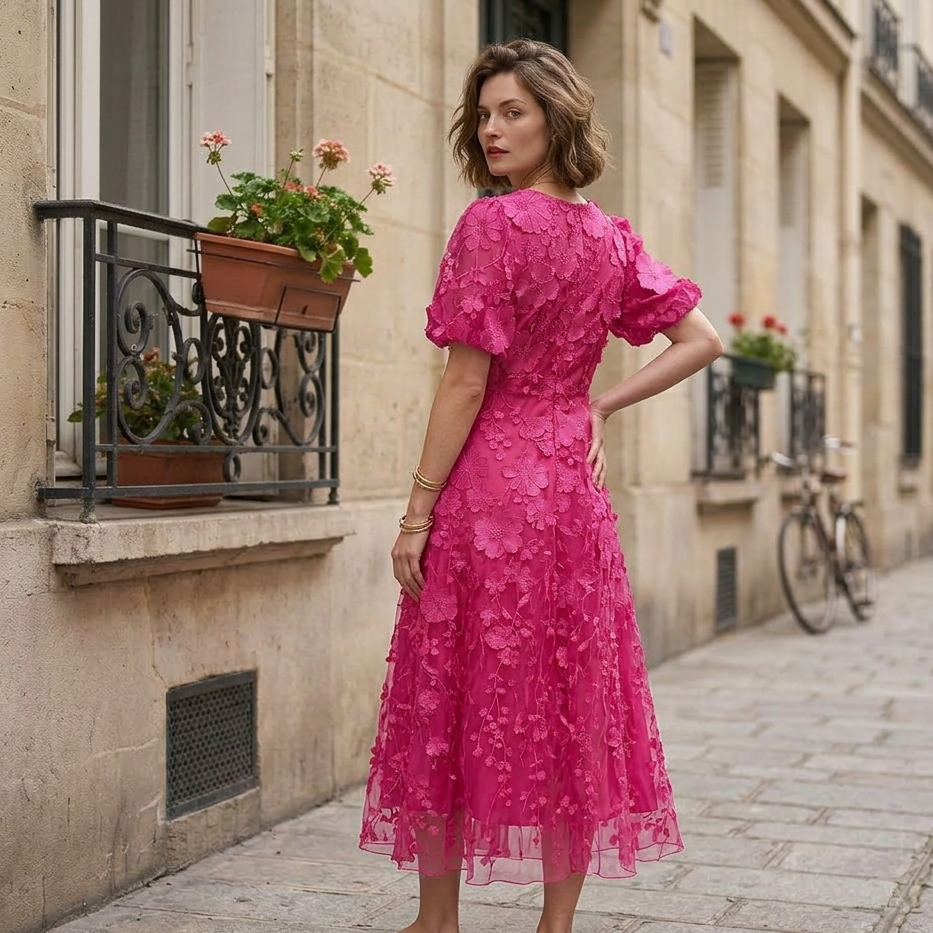 Robe Midi Fuchsia à Fleurs 3D