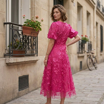 Robe Midi Fuchsia à Fleurs 3D